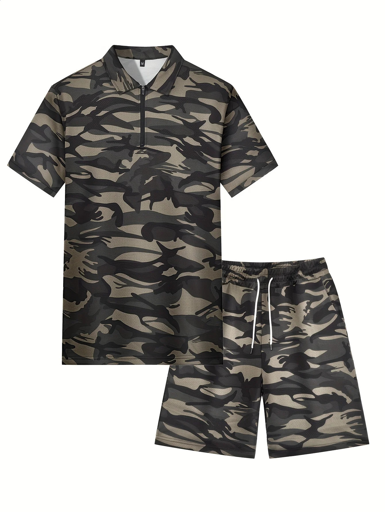 Mens Camouflage Two Piece Set Summer Daily Zipper Polo Shirt And Drawstring Shorts Outfit Loose Breathable Quick Drying Clothes 250530