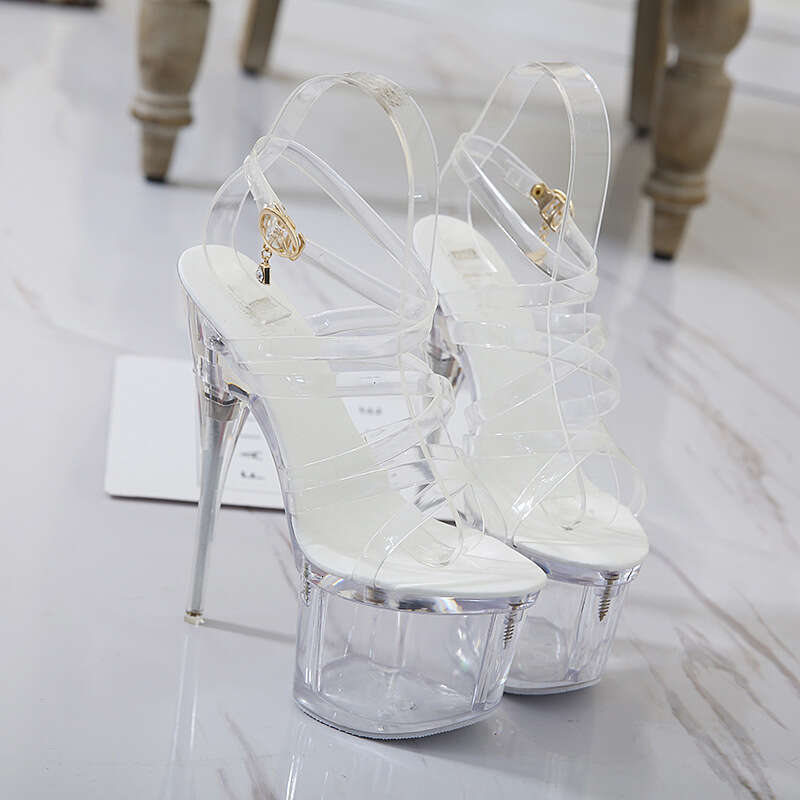 Super High Heels Super Heel Peep Toe Shoes Silver Stiletto Cross Strap Women's Sandals Nightclub Sexy High Heels Size 34-43 Platform High Heels