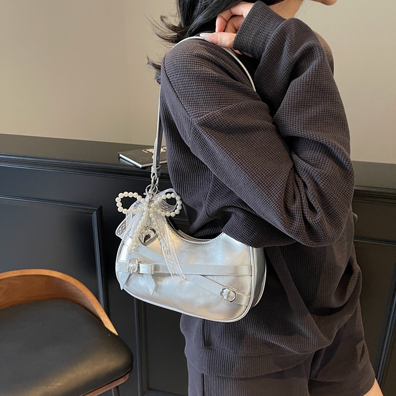 designer Niche Oil Wax Leather Small Bag for Women 2025 New Summer Fashion Lace Bow Underarm Bag Textured Crossbody Bag