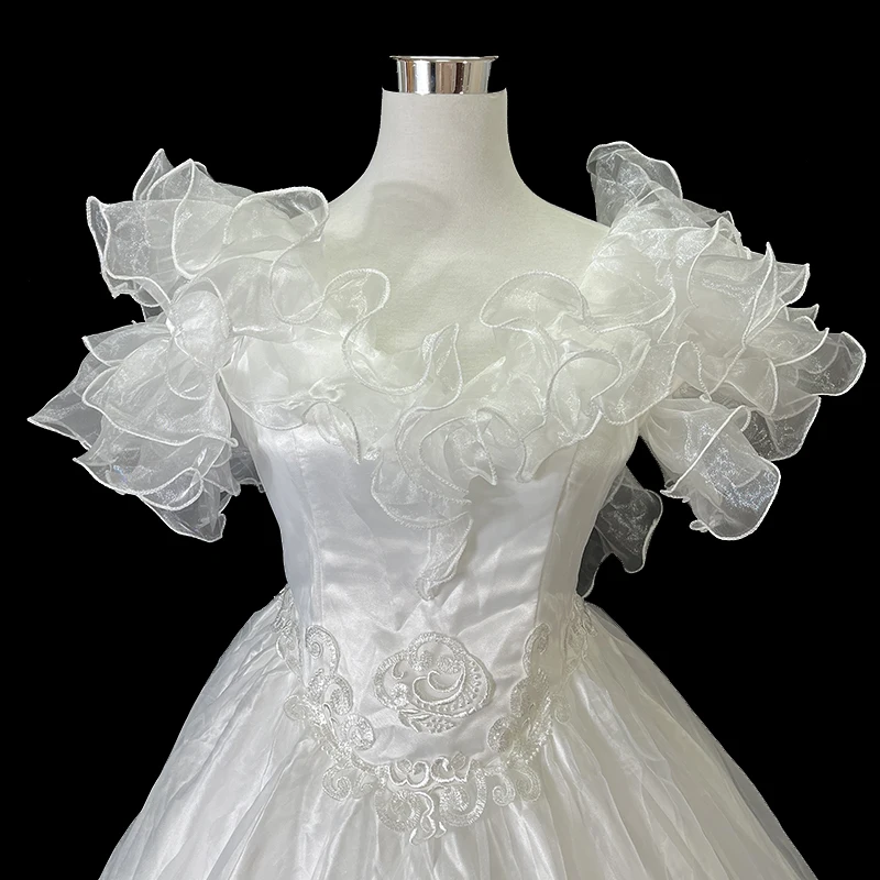 Vintage Princess White Lace V Neck Short Ruffle Sleeve Beading Pearls Backless Lace Up Antique Customized Wedding Dress