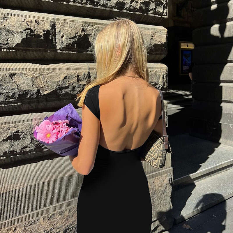 Autumn Fashion Trend Women's New Short Sleeve Round Neck Slim Fit Bodycon Backless Dress B5