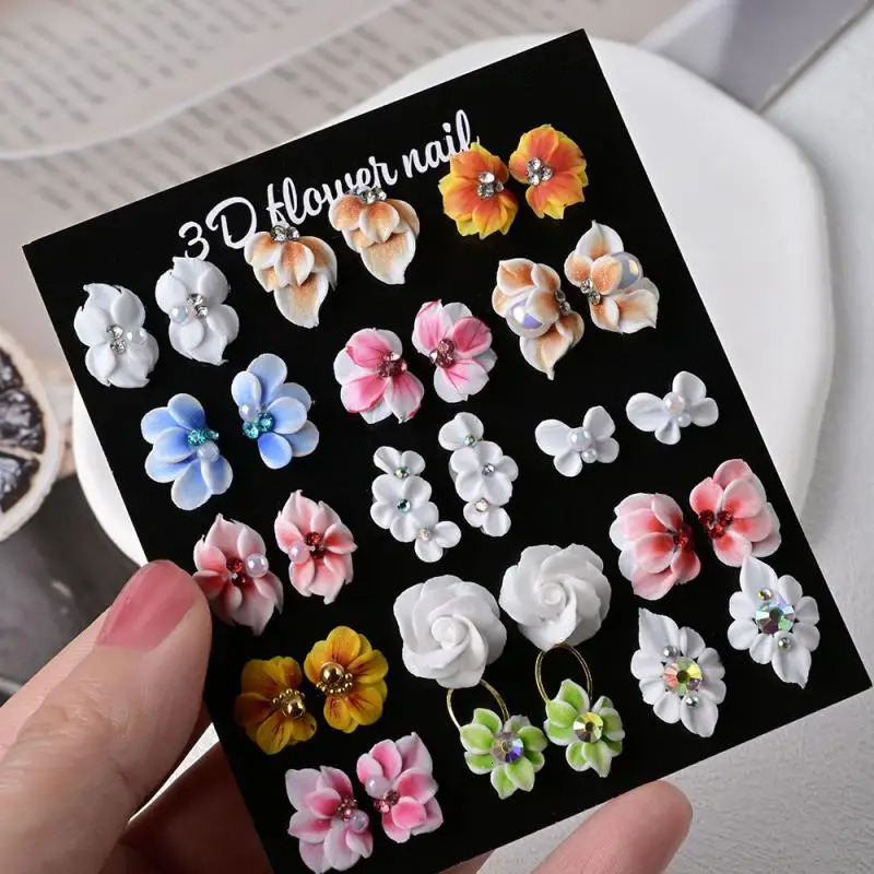 30Pcs 3D Handmade Acrylic Carved Flower Nail Art Charms Pearl Rhinestone Sculpted Floral Jewelry Cherry Blossom Nail Supplies 250528