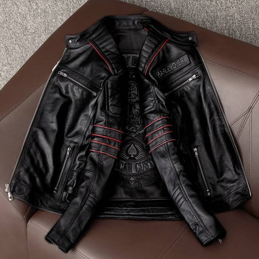 Men's Spring Original Leather Motorcycle Jacket 2025 Skull Embroidery Top Layer Cowhide Clothing Fit Black Slim Male Coat