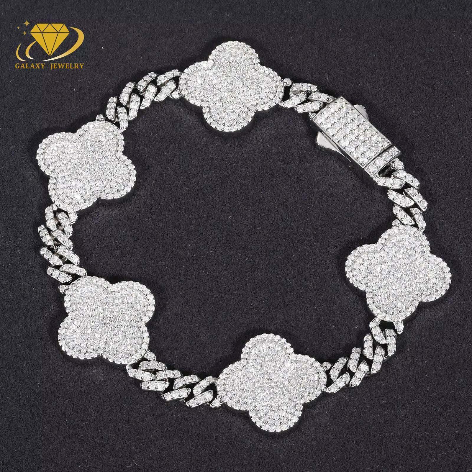 New Arrival Moissanite Chain Silver 925 Hip Hop Lucky Four Leaf Clover Moissanite Miami Cuban Link Chain Bracelet Necklace