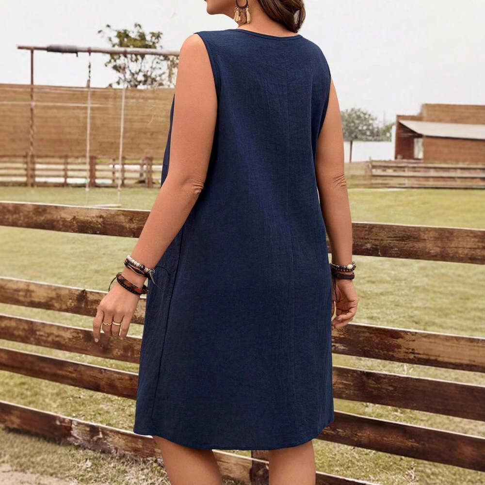 Spring Summer New Temu Sleeveless Round Neck Casual Solid Color Cotton Linen Women's Dress B5