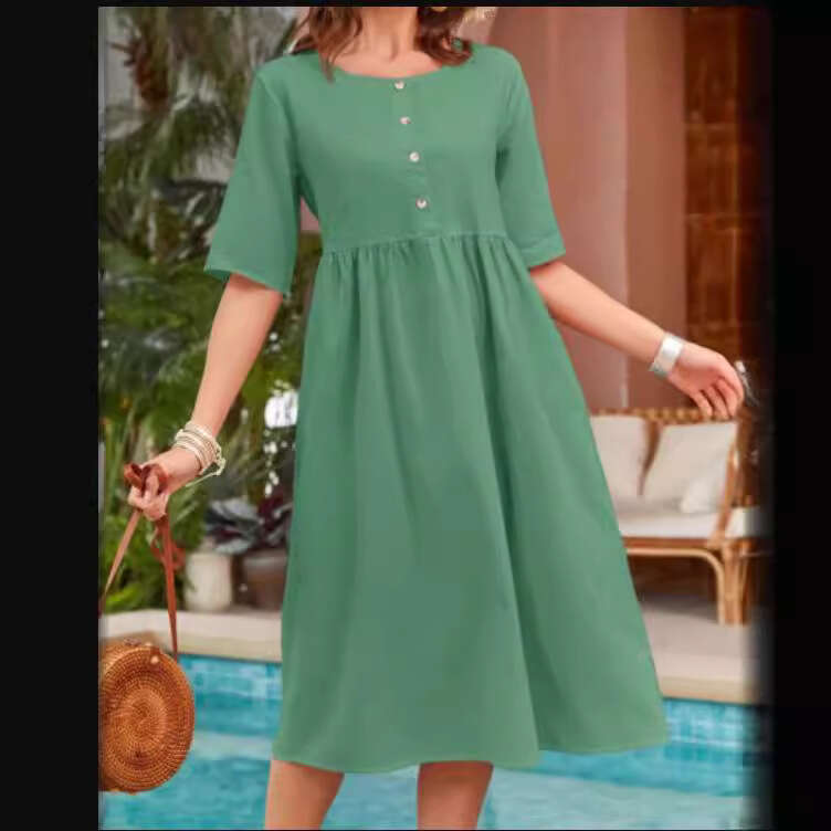 Spring Summer Cotton Linen Round Neck Loose Casual Solid Color Pocket Dress B5