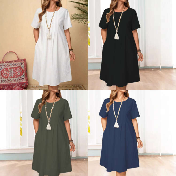 Spring Summer Loose Pocket Solid Color Round Neck Women's Cotton Linen Dress B5 b6