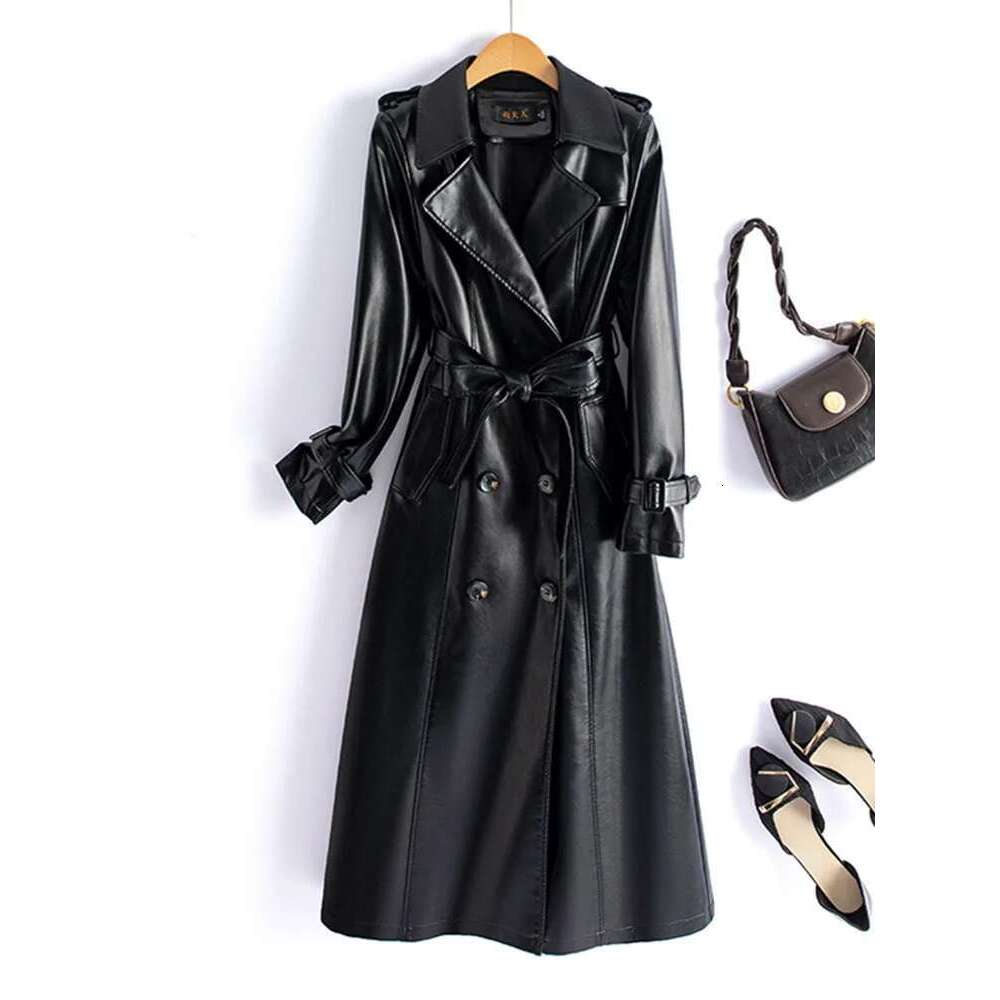 Chic Ladies Double-breasted Lace-up Belt Genuine Leather Trench Coats 2024 Fall Winter Mid Length Women Real Sheepskin Outwear