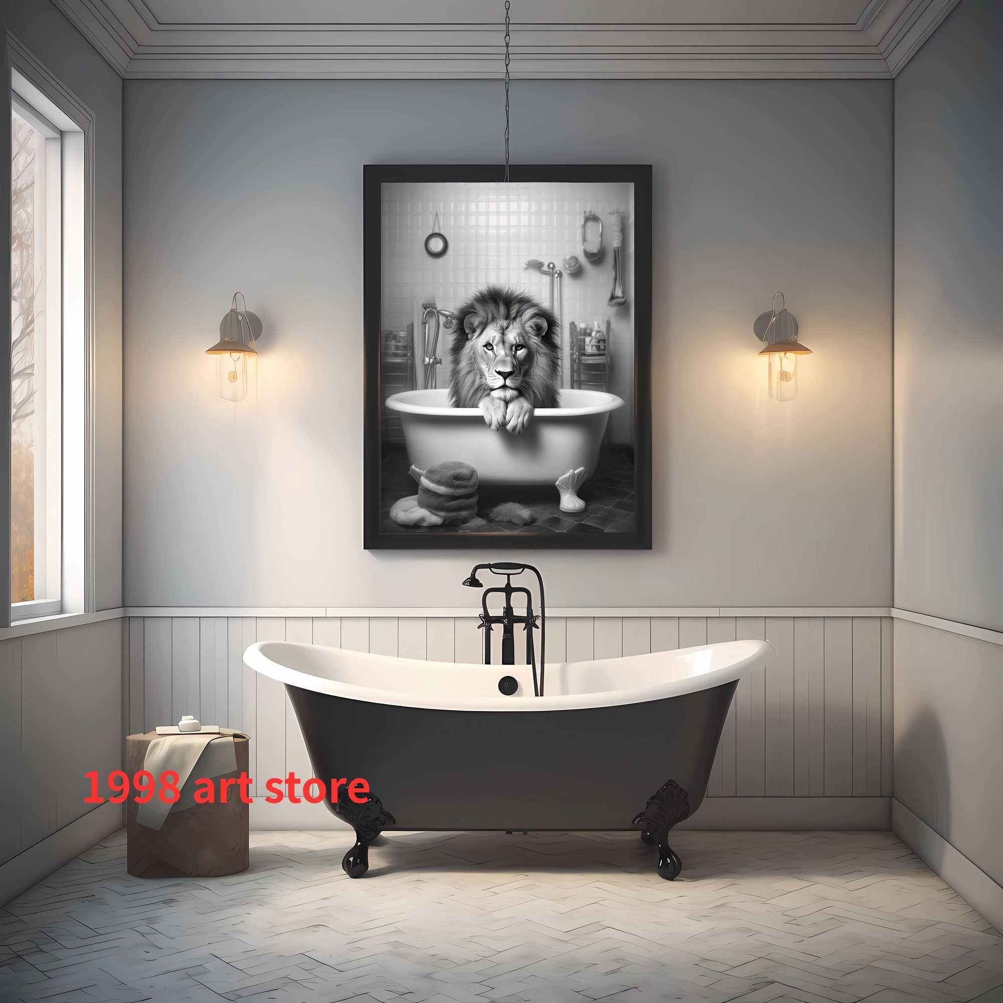 Animal Funny Cute Lion Dog in Bathtub Bathroom Art Poster Canvas Painting Wall Print Picture for Living Room Home DecorT250603