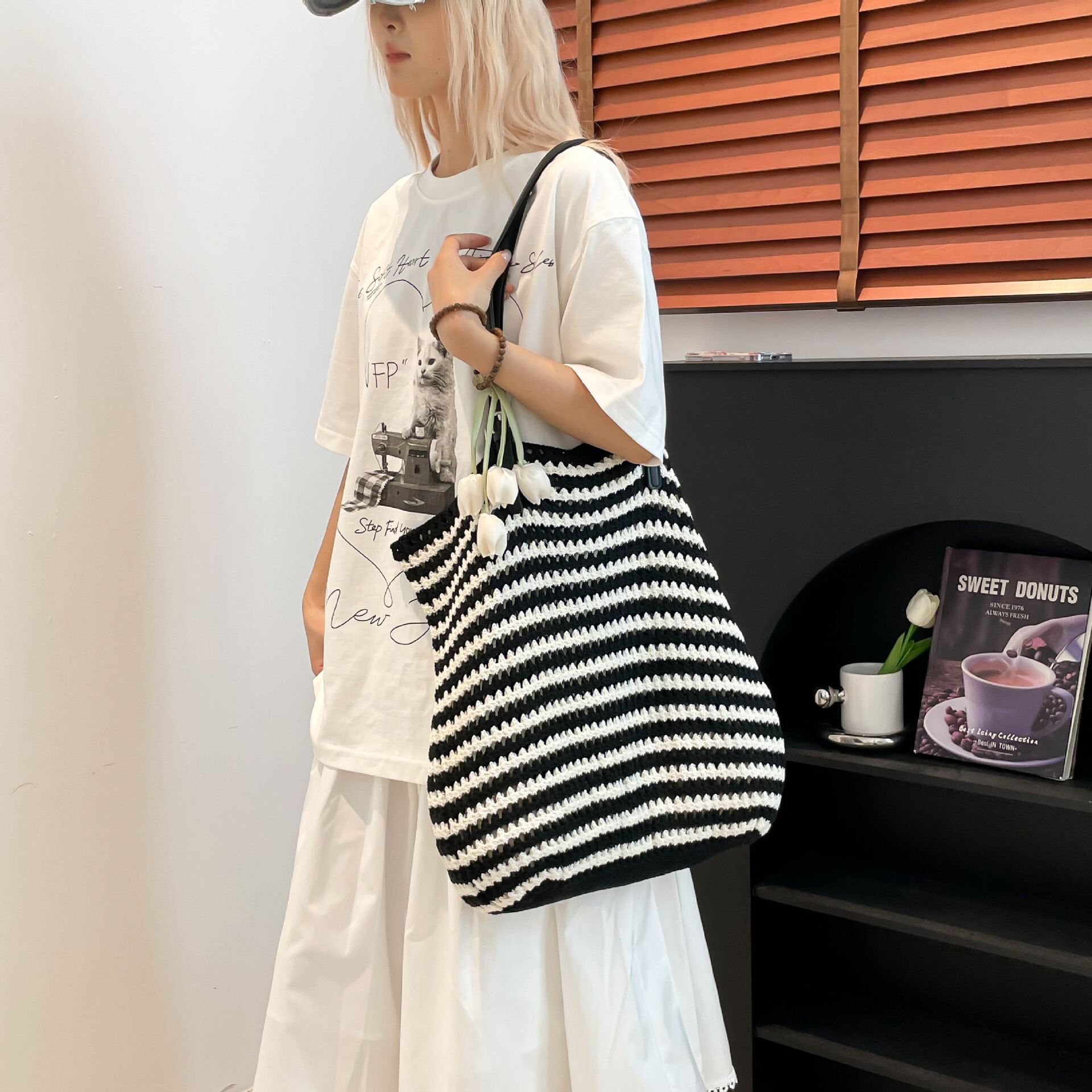 designer Bohemian Style Cotton Stripe Woven Large Bag for Women 2025 New Beach Vacation Large Capacity Underarm Tote Bag