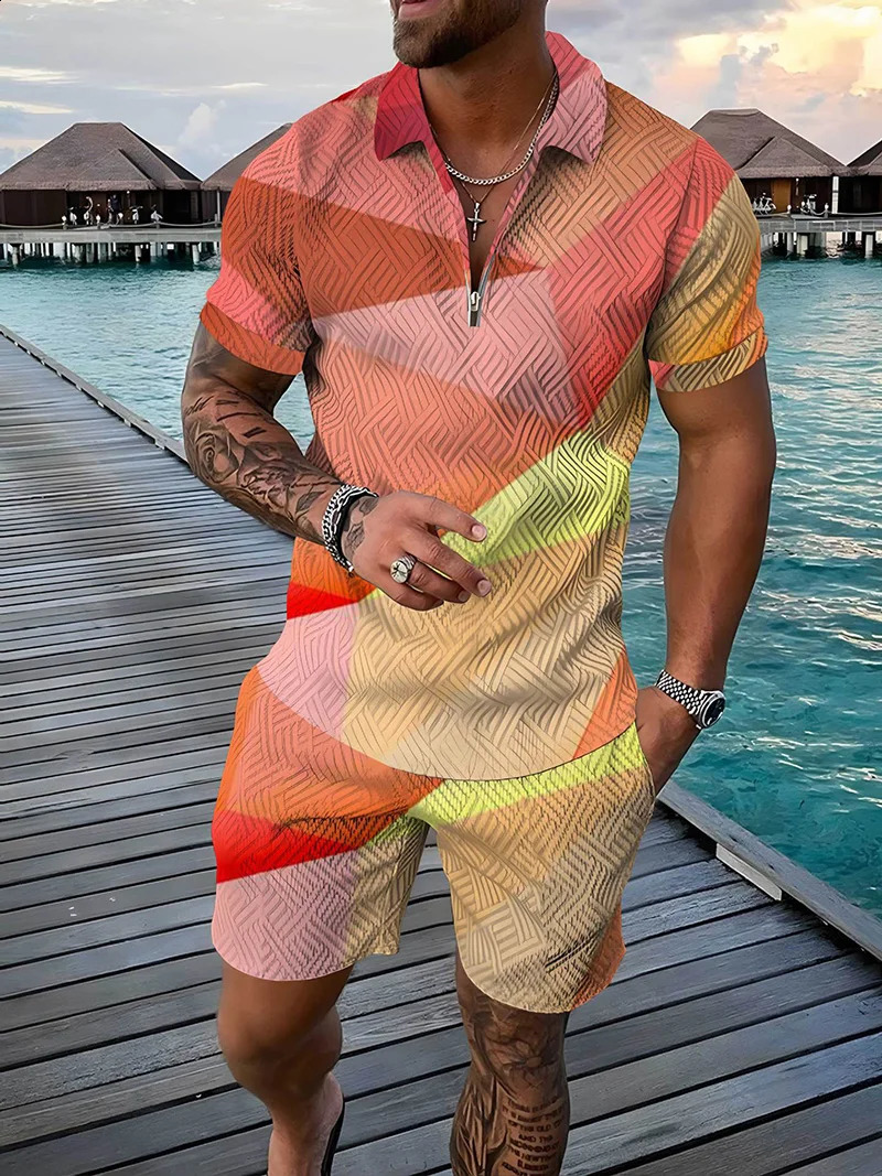 Summer Colorful Patch Mens Two Piece Sets Daily Casual Outdoor Travel Polo Shirt Shorts Suit Oversize Lapel Zipper Male Clothes 250530