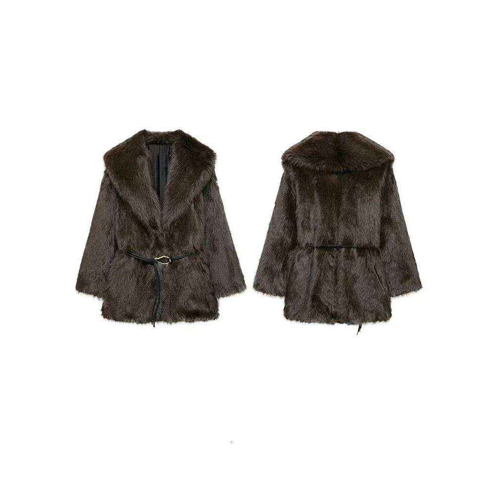 Vintage Fluffy Women's Faux Fur Coats Belt Lapel Full Sleeve Pocket Jacket Early Spring Warm Thicken Lady Outwear