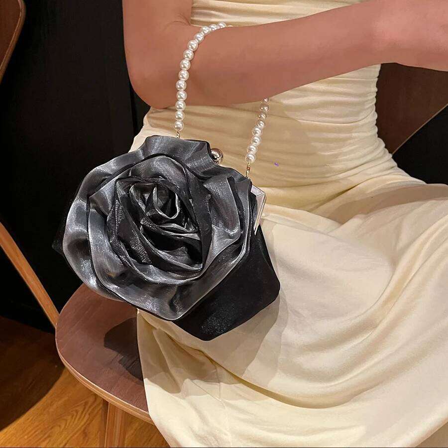 Chain Vintage Pearl Satin Rose Evening Clutch Design Dinner Party Wedding Flower Purse White/Black Bridal Banquet Handbags Prom