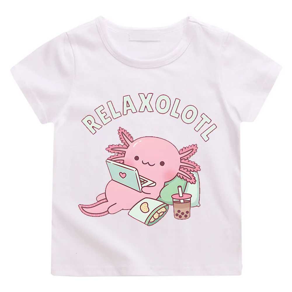 Cute Relax A Lot Axolotl Kids T-shirt Cartoon Funny Pun Graphic Clothes for Boys/Girls Cotton Short Sleeve Kids Summer Tops Tees T250603