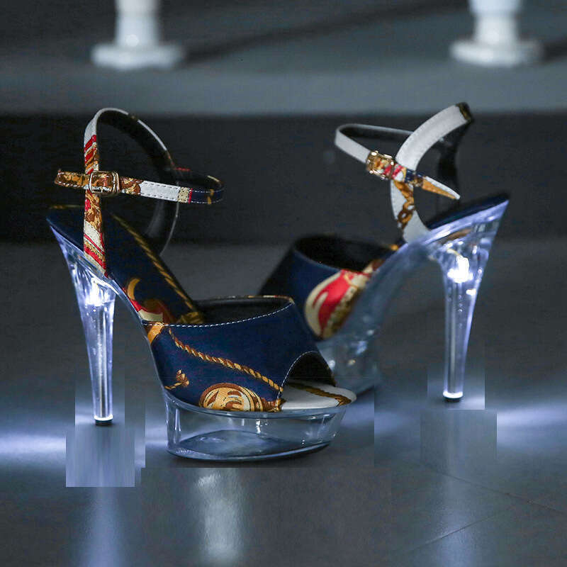 Super High Heels Nightclub Sexy Super High Heels Glowing 13Cm Transparent Waterproof Platform Stiletto Crystal Sandals Women Summer Shoes Platform Hig
