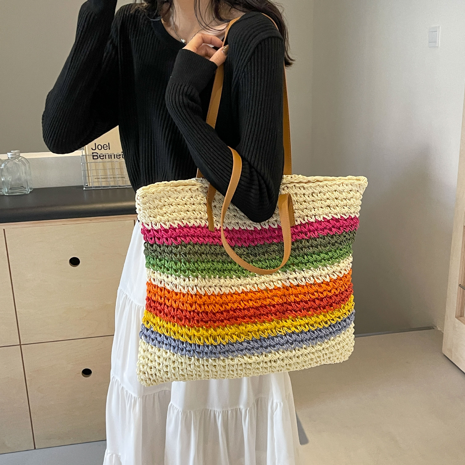 designer Rainbow Striped Straw Bag for Women 2025 New Forest Style Handwoven Beach Bag Seaside Vacation Shoulder Tote Bag