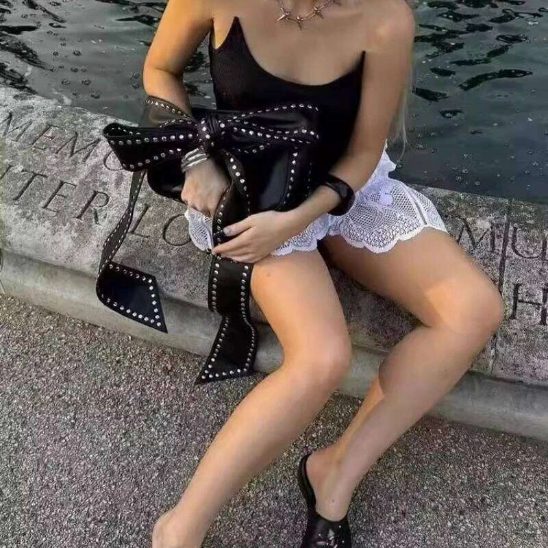 Y2k Aesthetic Punk Bow Rivet Top-Handle Bags Fashion All Match Shoulder Underarm Bag Women Chic Simple Purses And Handbags