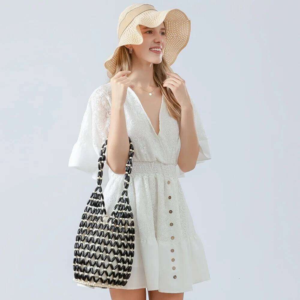 Women Woven Hand Exquisite Design Hollow-out Wooden Bead Tote Bucket Shoulder Bag Female Summer Beach Handbag