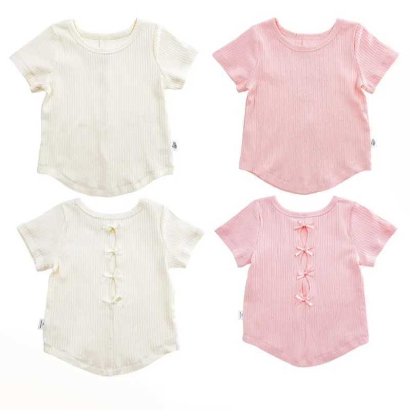 2-10Y Girls Summer Shirt Hollow Bow New Knitted Short Sleeve Versatile Sweet and Cute Simple Top Round Neck Childrens T-shirt T250603