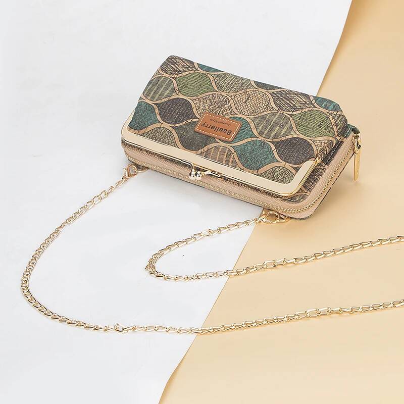 2025 new fashion new designer women's wallet wood grain chain long high-quality phone holder classic women's wallet zipper wallet mini shoul