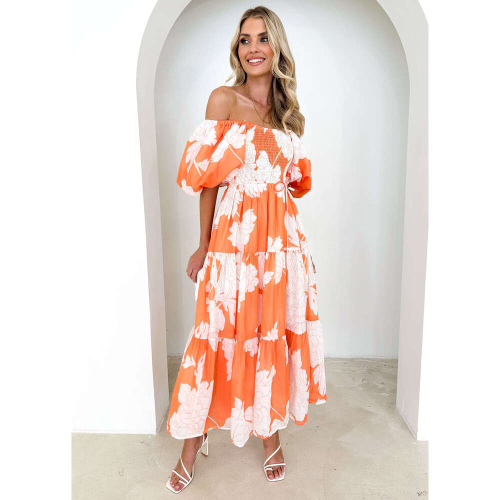 Spring/Summer Elegant Floral Off-Shoulder Puff Sleeve Fashion Dress B5