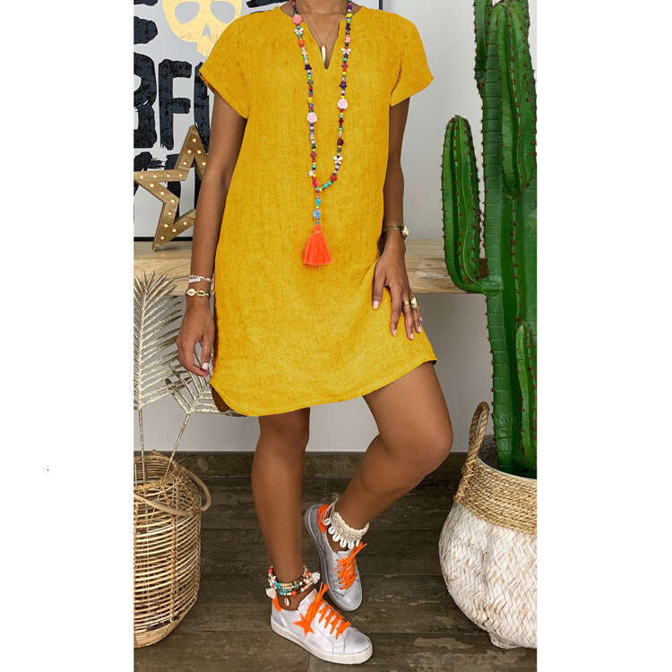 Dresses for Woman Elegant Tender Vestido Designer Dresses Devise 2025 New Hot Selling Spring/summer Loose Skirt Short Sleeved V-neck Solid Color Woven