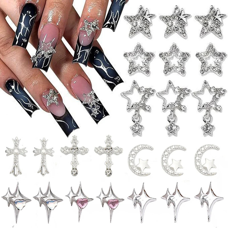 65Pcs Cross Nail Charms Silver 3D Star Charms and Gems Astral Moon Nail Art Jewelry Multi Style Nail Rhinestones for Nails 250528