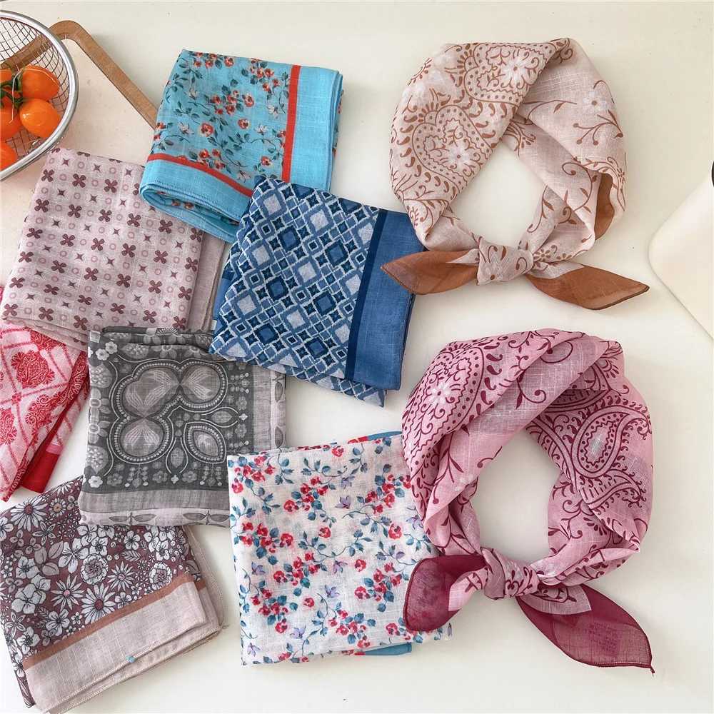 Fashion Women Printing Cotton Linen Small Square Scarf Summer Scarf Womens Versatile Paisley Scarf Head Band Hair Accessories W250602