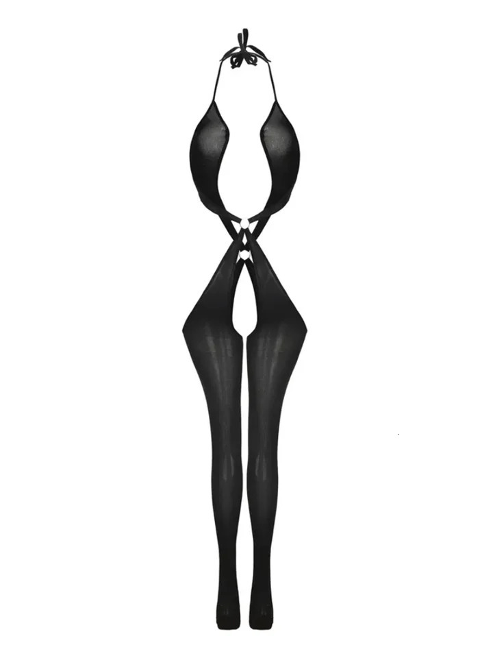 Mesh Deep V Halter Backless Bodystocking Ring Linked Hollow Out Open Crotch Bodystocking Womens Sexy Lingerie Underwear 250603