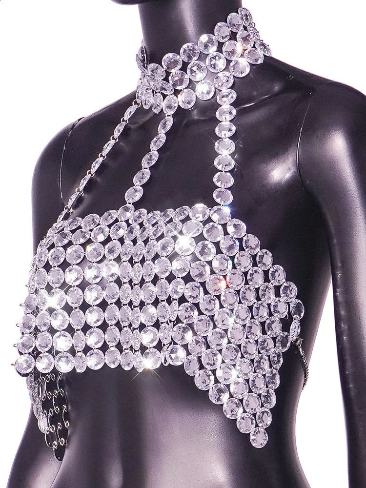 Beyprern Silver Halter Tank Top Glitter Diamonds Bustier Tops Gorgeous Backless Metal Sequin Crop Top Club Vest Festival Outfits 250529