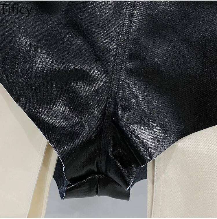 TIFICY Street Women's New High Waisted Zipper Shapewear Denim Coated Flat Corner Pocket Color Blocked Shorts