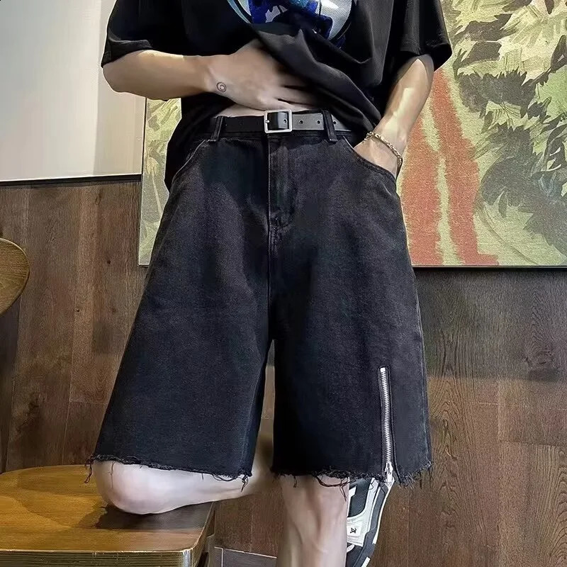 Summer Side Zipper Baggy Jorts For Men Ripped Straight Wide Leg Denim Shorts Hip Hop Fashion Y2K Streetwear Bermuda Jeans 250528