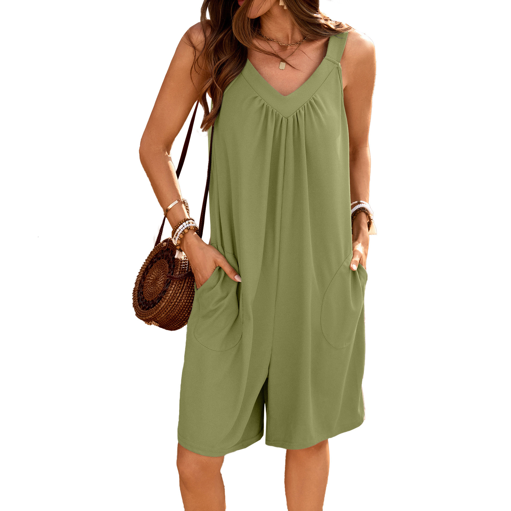 Luxury Designer Clothing European And American Summer Solid Color V-neck Loose Pocket Sleeveless Shorts Jumpsuit 2025 New Designer Dress