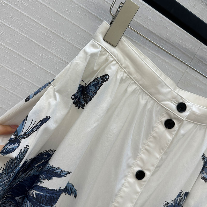 Summer Women's Butterfly Palm Print Cotton Midi Skirt Trendy High-Waist Button Front Classic A-Line Classic Designer Retro Luxury Clothing