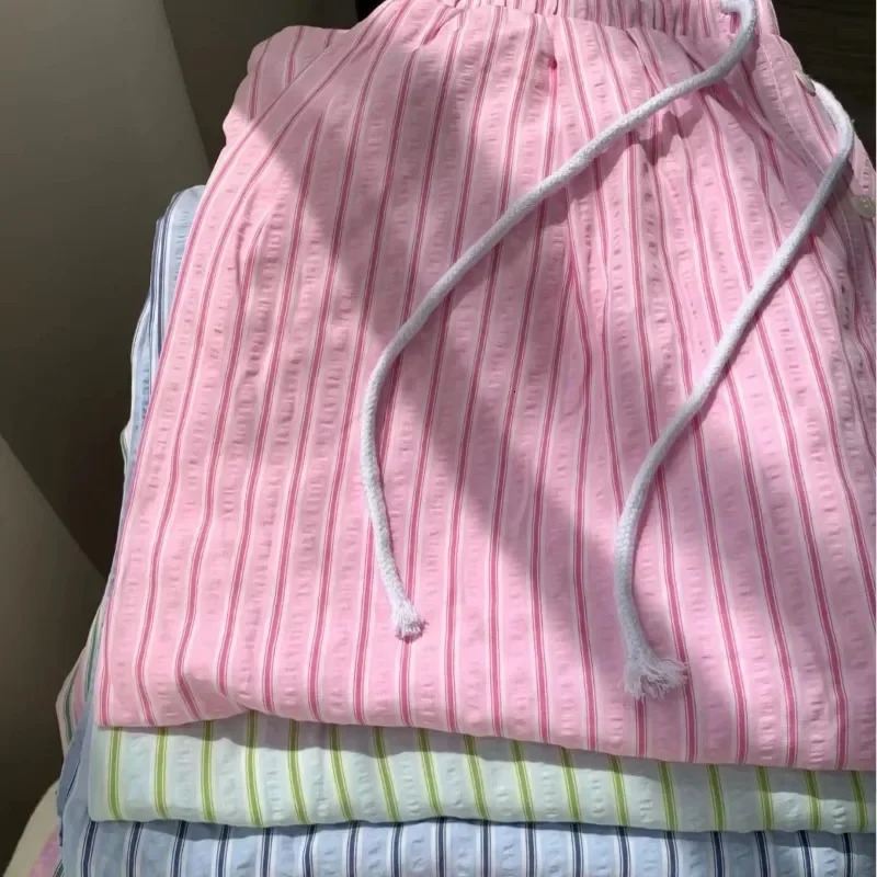 Korean Casual Striped Drawstring Straight Pant Y2k Women Loose Holiday Pants Perppy Sweet Pink High Waist Office Trousers 250603