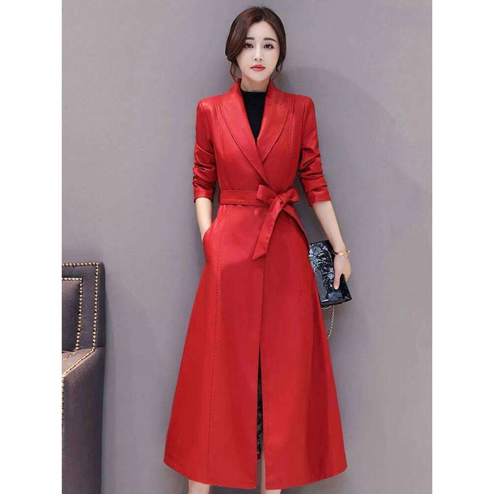 Sheepskin Long Trench Coats 2024 New Single-breasted Belt Pockets Chic Ladies Vintage Coffee Real Leather Jacket Outwear