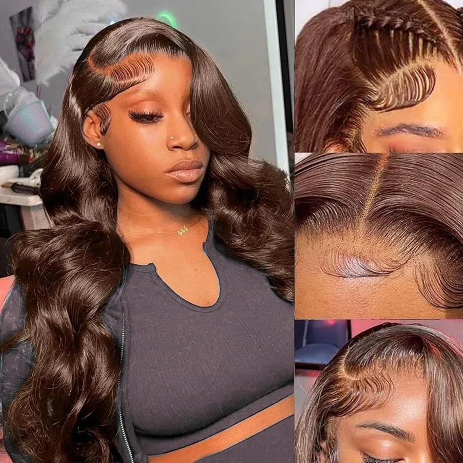 Chocolate Brown Lace Front Wig Human Hair 200 Body Wave Wigs PrePlucke 13x4 HD Lace Frontal Wig Brown Human Hair Wig Synthetic
