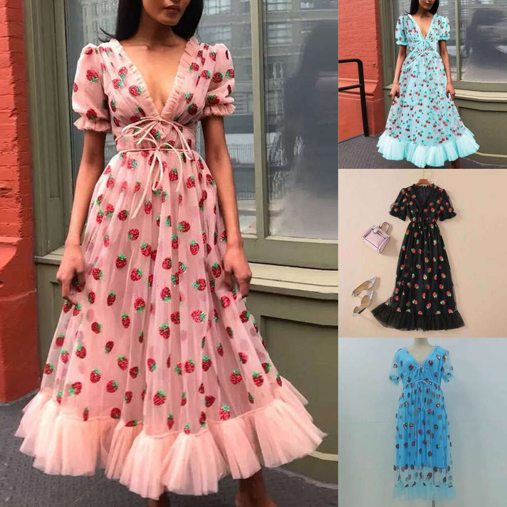 French Style Strawberry Four-Color Sequin Sweet Long Mesh Tie Slim Fashion Dress B5