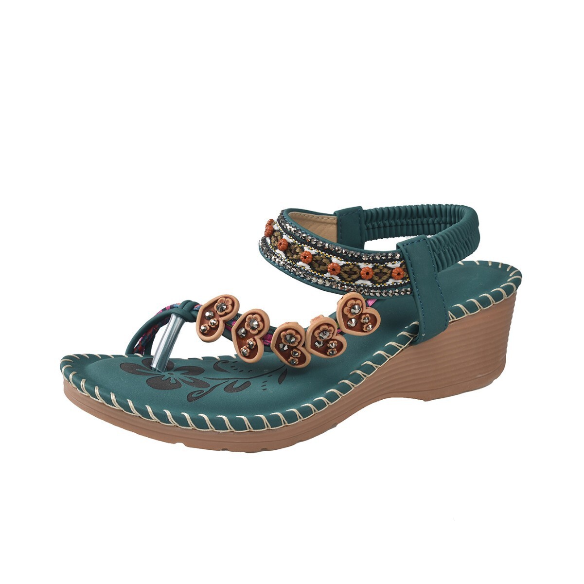 Ethnic Style Blue-Green Wedge Sandals with Colorful Beaded Heart-Shaped Hanging Decoration and Braided Strap Bohemian ddmythur