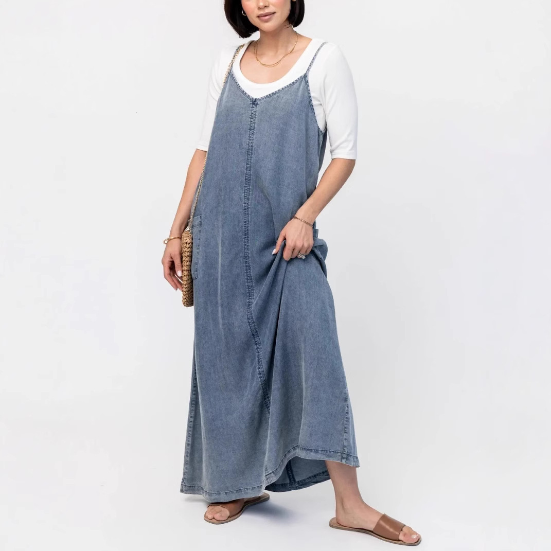 women's wear 2025 New Simple Thin Loose Long Solid Color Washed Strap Casual Denim Dress