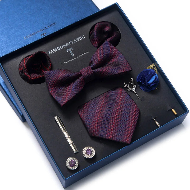 est Silk Tie Set Handkerchief Pocket Squares Cufflink Bow Tie Clip Necktie Set Bussiness Wedding Suit Gift Box 250530