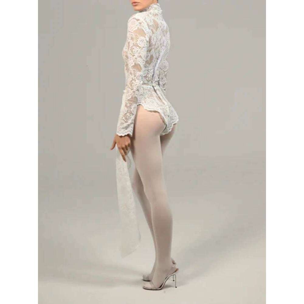 2024 New Autumn White Black Women Sexy Long Sleeve Lace Bodycon Draped Bodysuit Fashion Performance Costume Stage Wear
