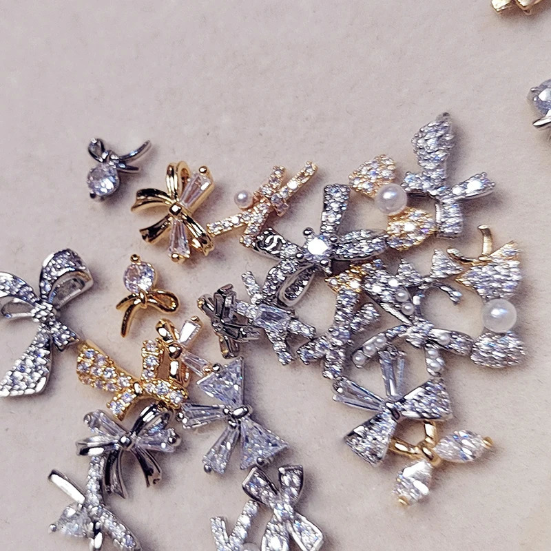 10 PCS Korean-style small bow-tie mini copper-inlaid zirconia super shiny alloy nail decoration accessories 250528