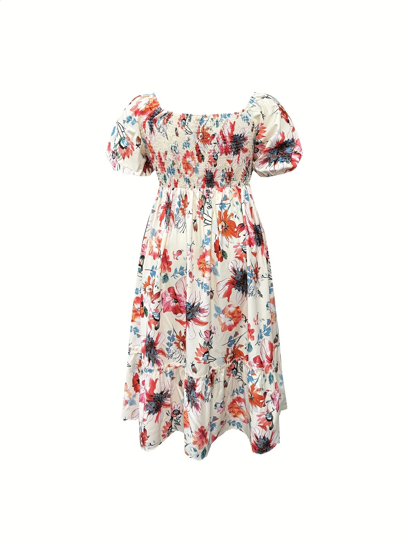 Plus Size Square Collar Fluffy Long Dress Beautiful Bright Flower Print Elegant Temperament Lady Vacation Travel Party Date 250526