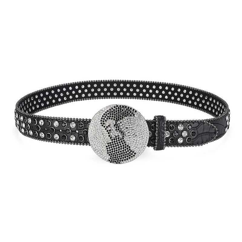 Western Leather Belt BlingBling Diamond Round Buckle Water Crystal Diamond Belt Punk Style Unisex PU Synthetic Belt XJ250602