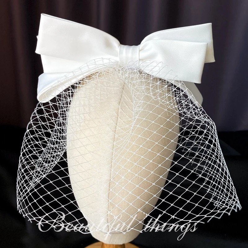 White bridal hairband Mesh Satin Bow Headband Vintage Fairy Bridal Wedding hair Accessory 250530