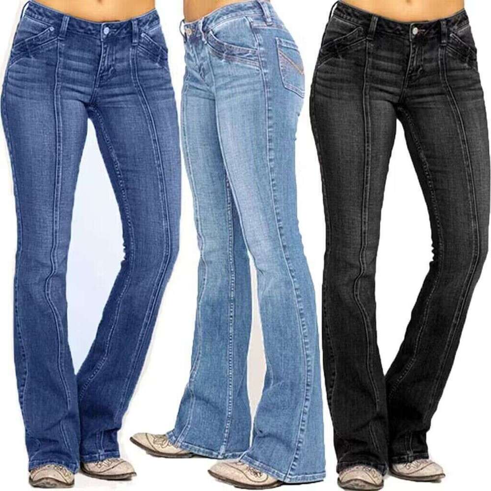 Women's Denim Low Waist Ripped Flare Pants B5