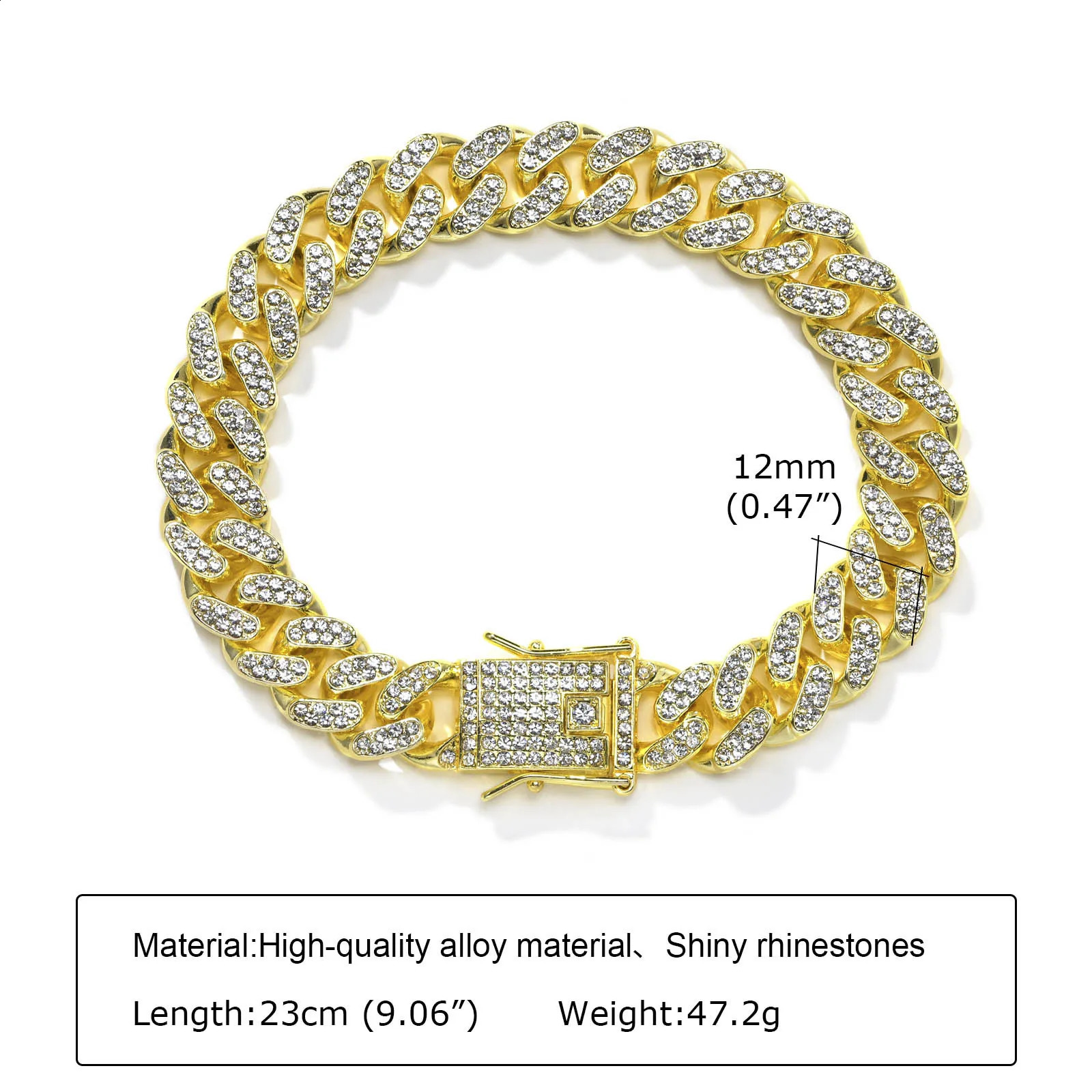 Vnox 12mm Bold Cuban Chain Bracelets for MenFull Iced Out Rhinestones Links Bling Crystal Curb Chain Punk Hiphop Bracelet 250530