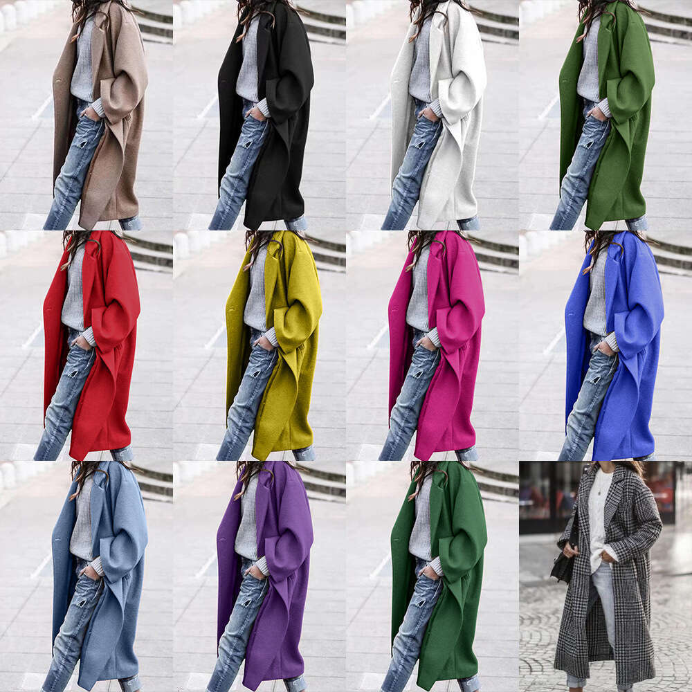 Autumn Winter Long Color Temperament Commuting No Belt Turn-Down Collar Loose Woolen Green Coat For Women B5