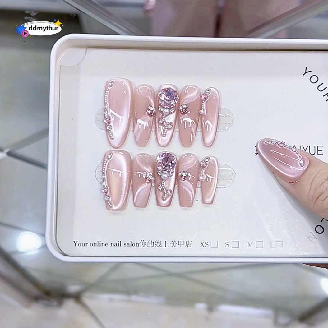 Nai Zi Handmade Wearable Nails Rose Church 3D Pink Dia Chasing Light Cat Eye High-end Pure Desire Temperament Nail Stickers ddmythur